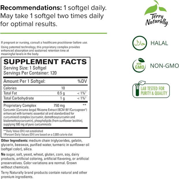 Terry Naturally CuraMed Curcumin Complex - Superior Absorption BCM-95 - Non-GMO, Gluten Free, Halal